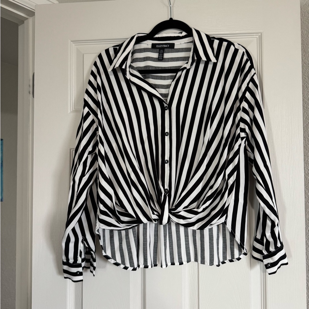 Ellen Tracy Stripe Knotted Long Sleeve Women Button Shirt Top Black White